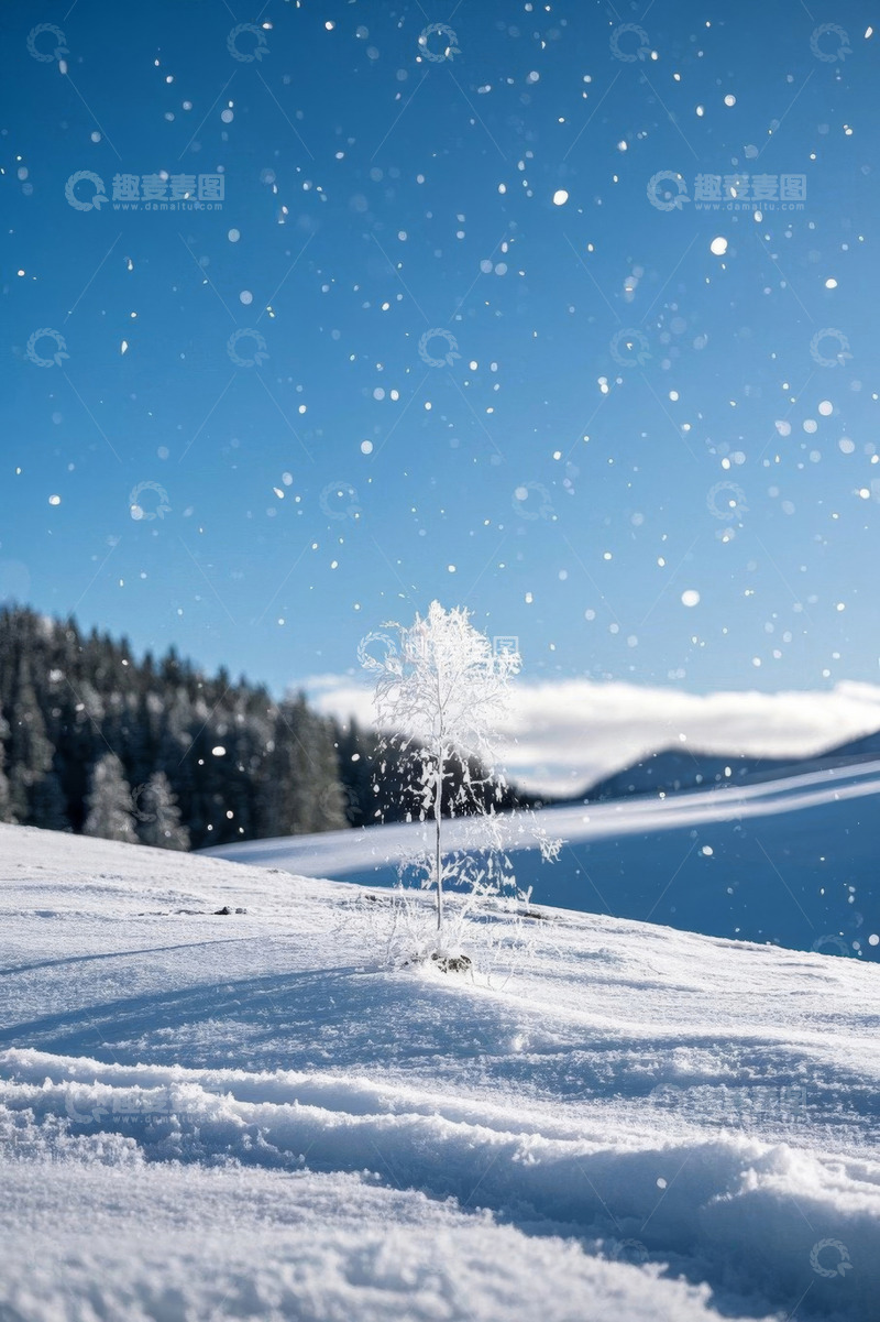 高清大图下载【趣麦麦图】雪地中被雪覆盖的小树风景