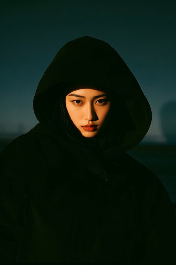 神秘女子身穿黑色连帽衫
