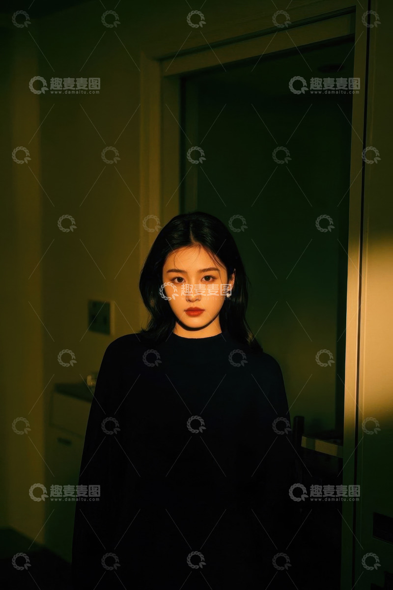 高清大图下载【趣麦麦图】昏黄灯光下女孩凝视镜头