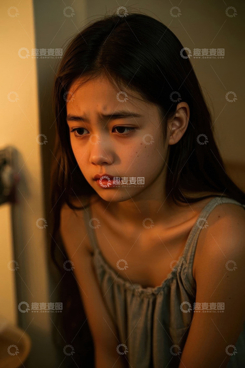 忧郁少女室内肖像特写