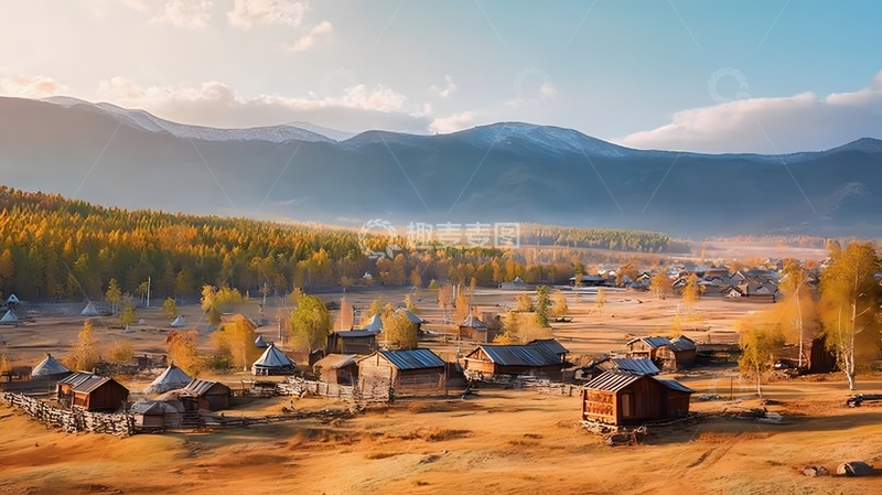高清大图下载【趣麦麦图】山村秋色木屋风光