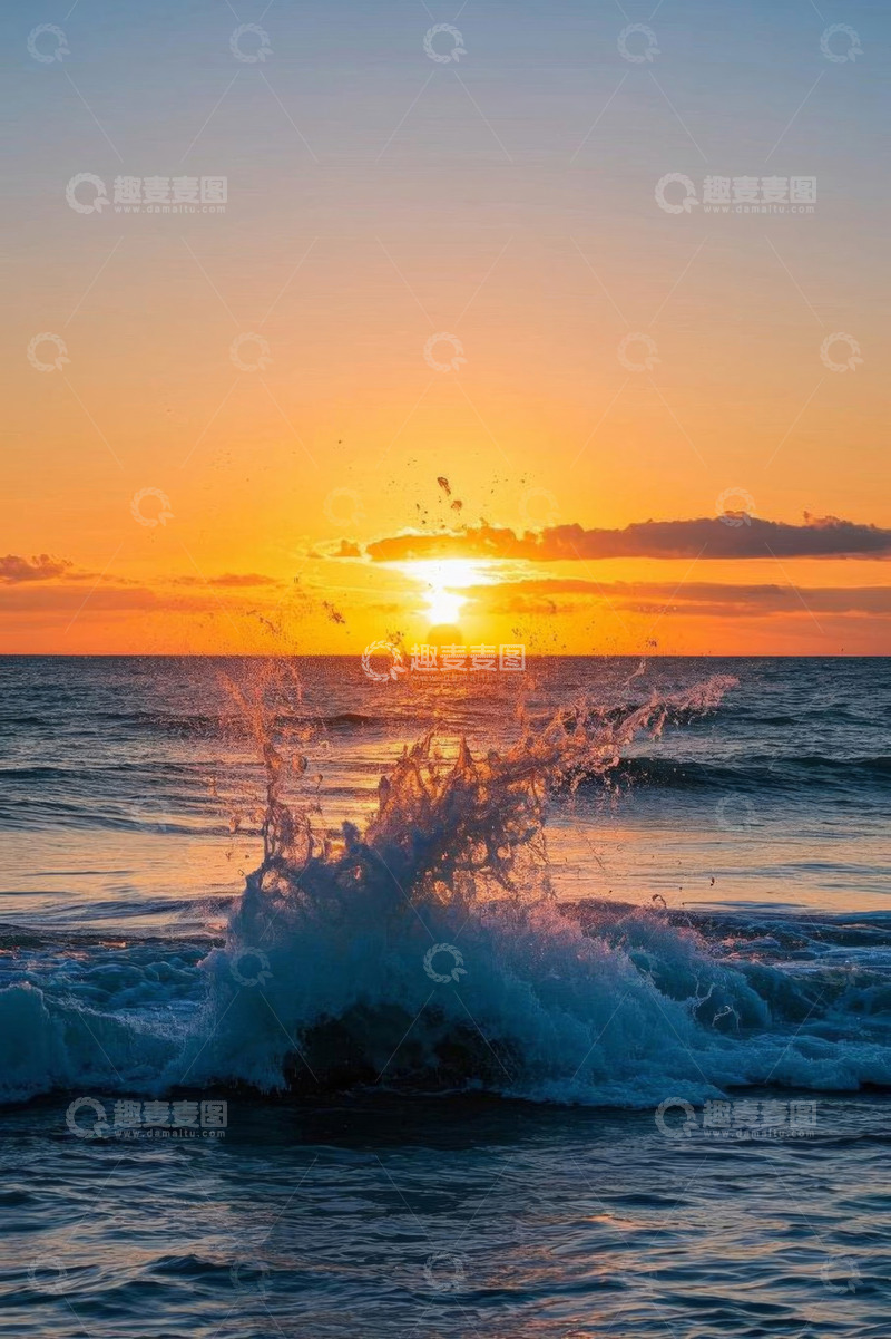 高清大图下载【趣麦麦图】海上日落海浪翻涌景象