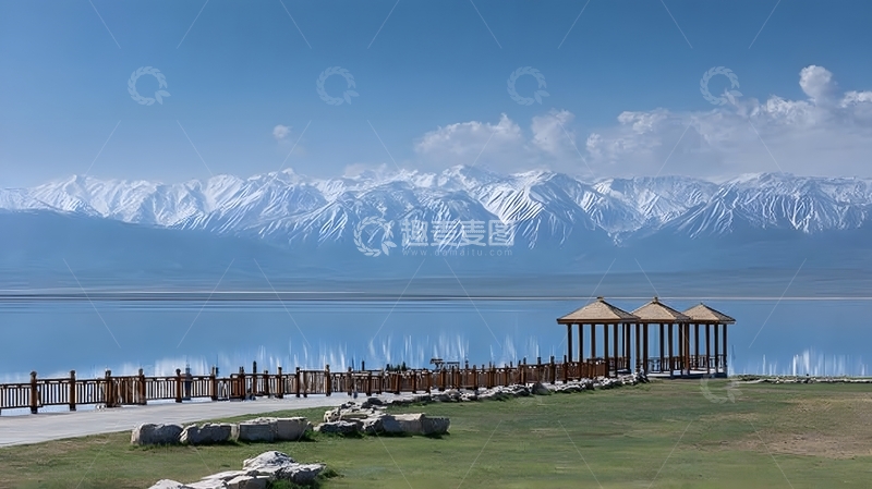 高清大图下载【趣麦麦图】雪山湖畔观景亭风光
