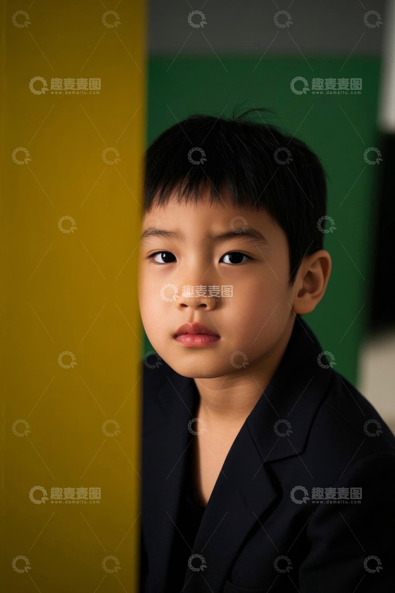 高清大图下载【趣麦麦图】男孩穿着黑色西装靠墙站立