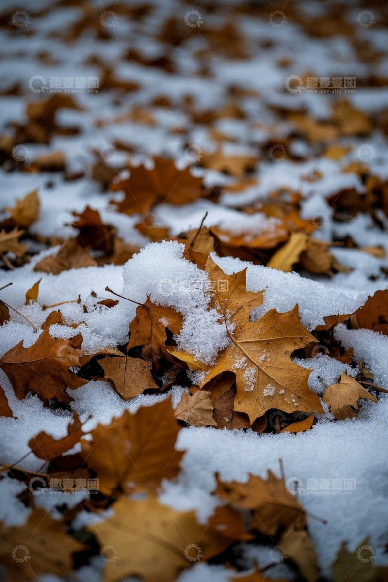 高清大图下载【趣麦麦图】覆雪地面上的枯黄落叶