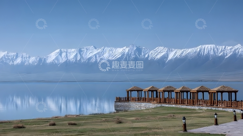 高清大图下载【趣麦麦图】雪山湖畔休闲亭风光