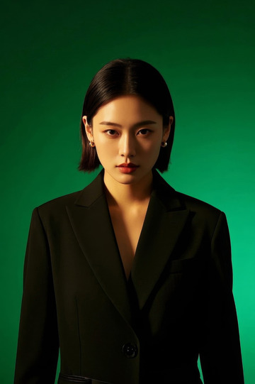 绿幕背景下身穿黑色西装的亚洲女性