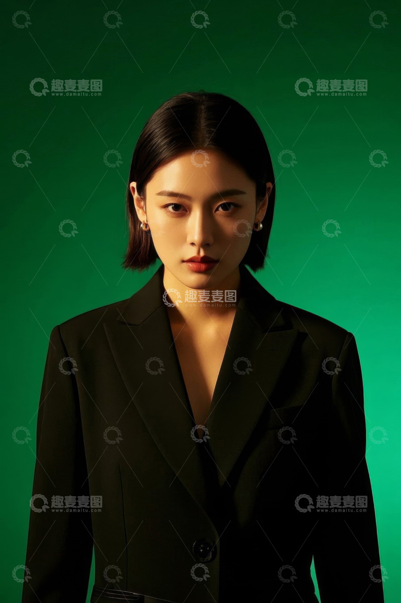 高清大图下载【趣麦麦图】绿幕背景下身穿黑色西装的亚洲女性