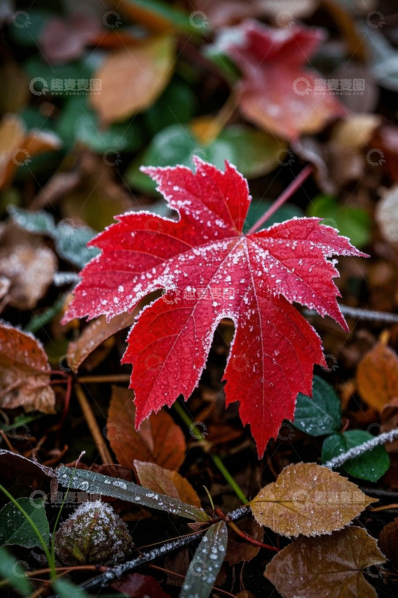 高清大图下载【趣麦麦图】覆霜红色枫叶特写
