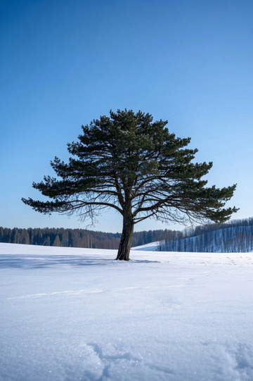 雪地中独立的松树