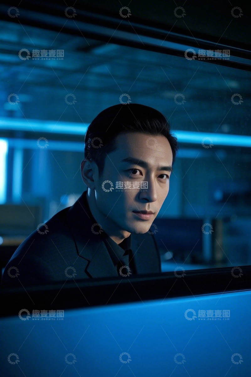 高清大图下载【趣麦麦图】蓝色背景下西装男子凝视镜头