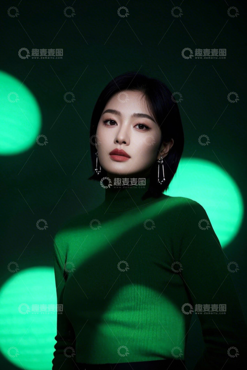 高清大图下载【趣麦麦图】绿色背景下时尚女性肖像