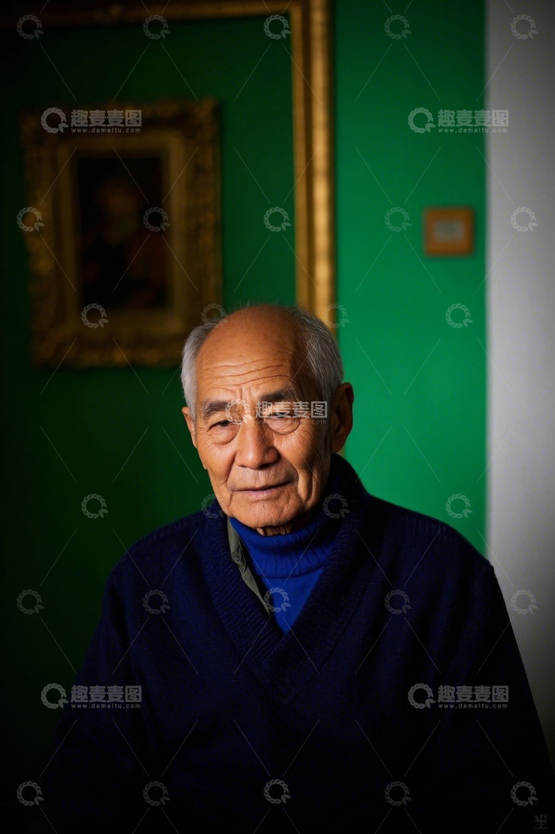 高清大图下载【趣麦麦图】一位老人肖像，深邃眼神，背景是绿色墙壁