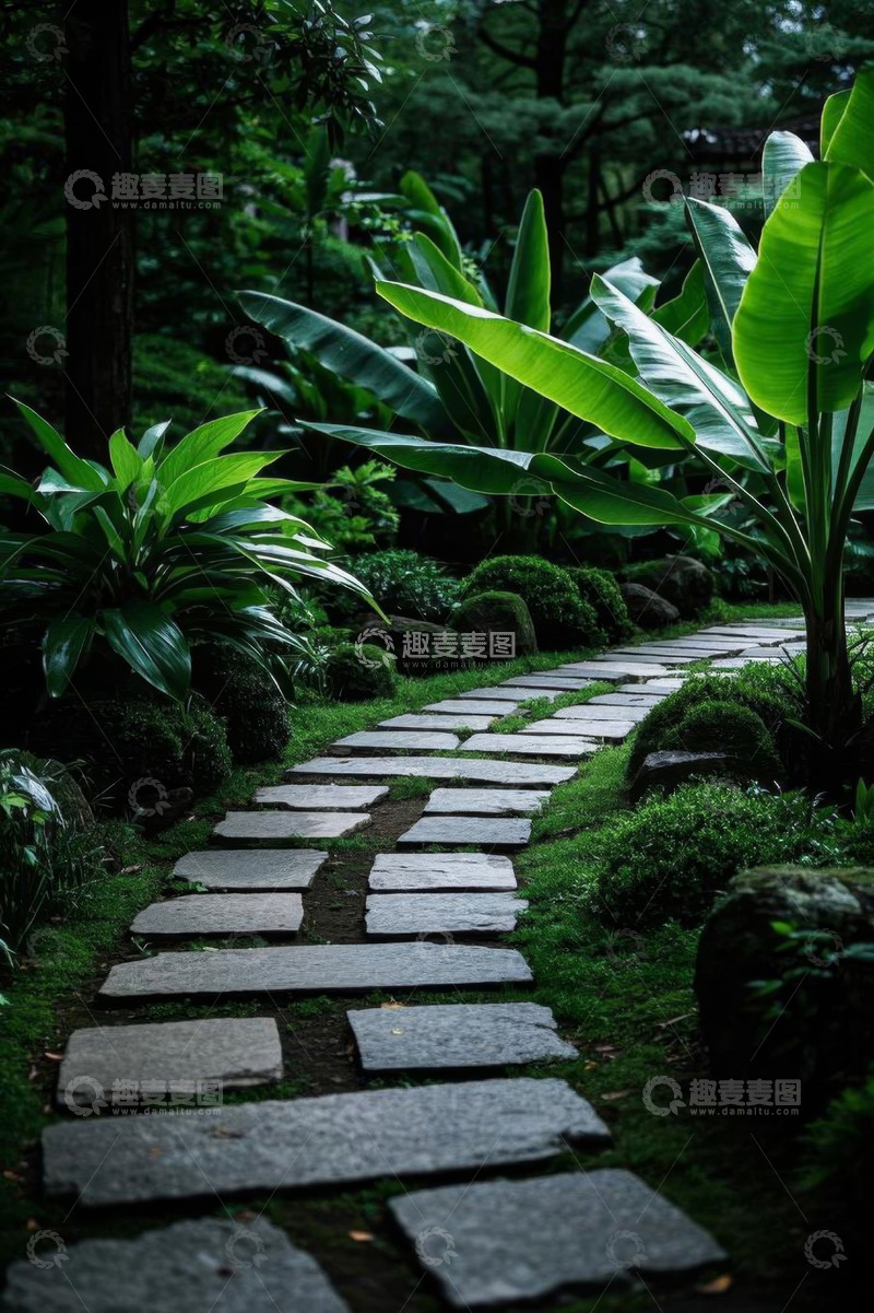 高清大图下载【趣麦麦图】绿植环绕的石板小径