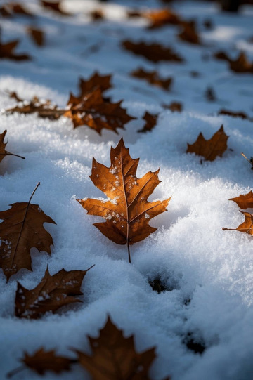 雪地上的枯叶景象