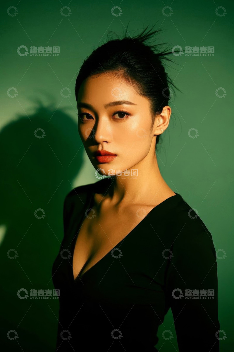高清大图下载【趣麦麦图】绿背景下身着黑裙的亚洲女性