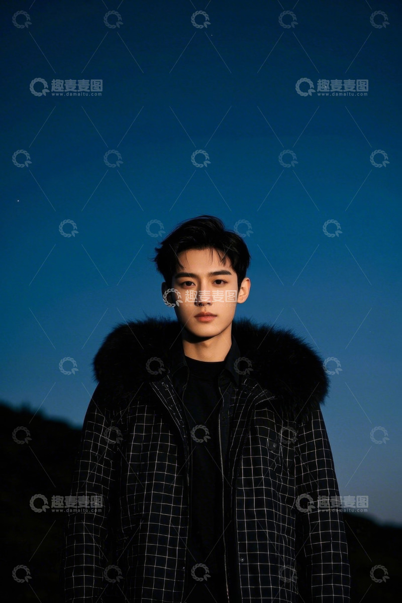 高清大图下载【趣麦麦图】深蓝夜空下穿着格纹外套的年轻男子