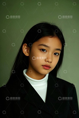 女孩身穿黑色西装外套凝视前方
