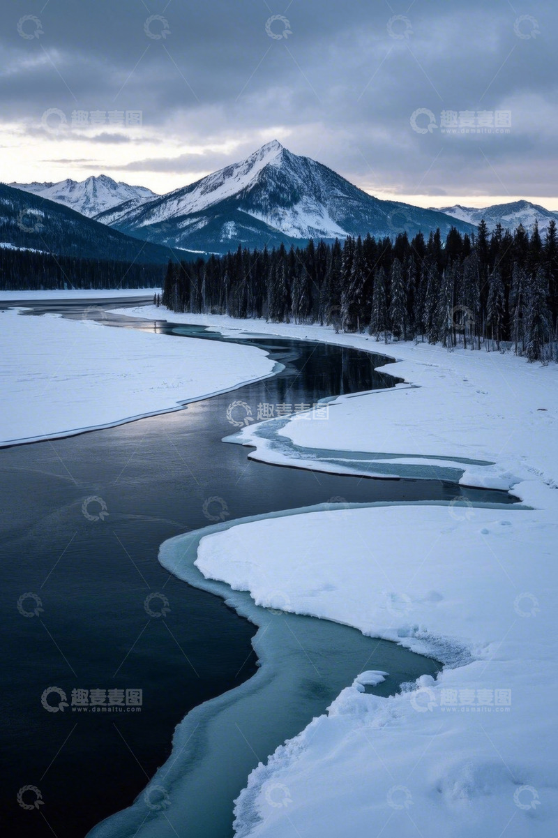 高清大图下载【趣麦麦图】雪山下河流森林冬日景象