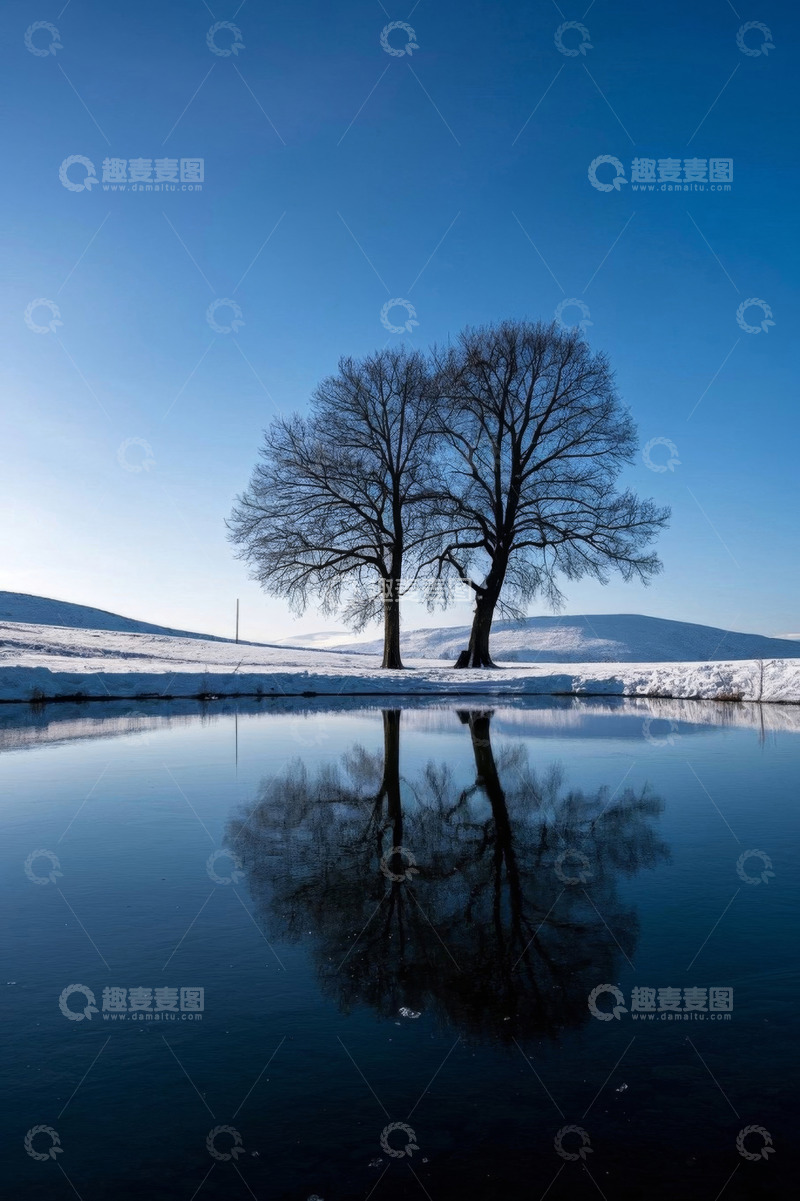 高清大图下载【趣麦麦图】雪后湖边树木倒影景观