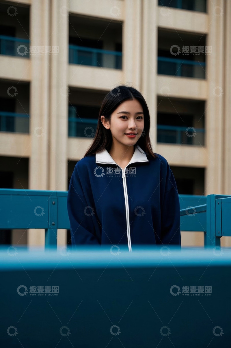 高清大图下载【趣麦麦图】年轻女子公寓楼前侧身浅笑