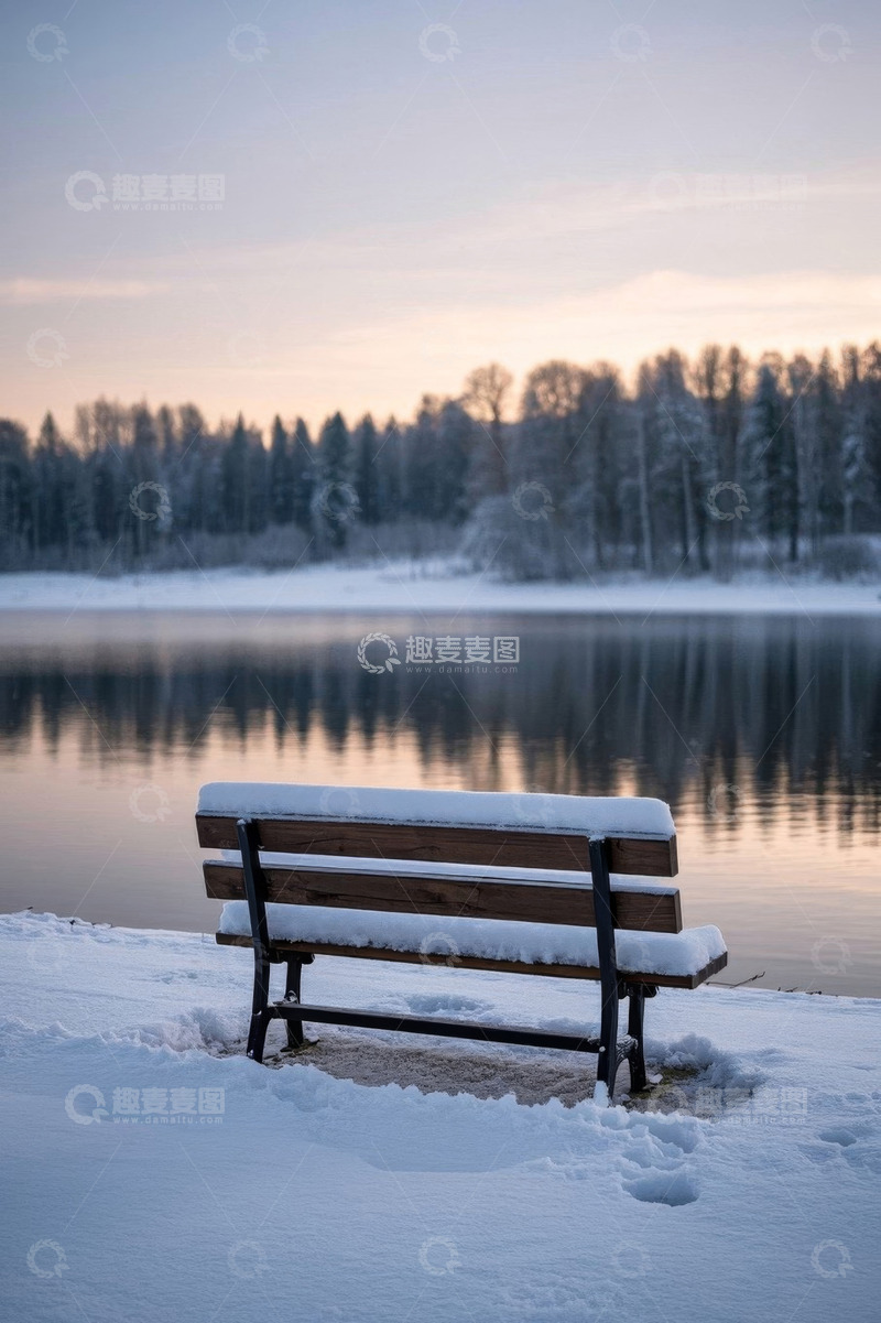 高清大图下载【趣麦麦图】雪后湖边长椅冬日风景
