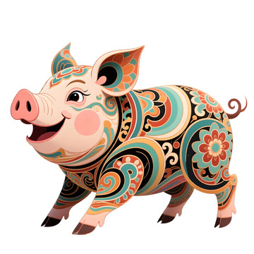 中式传统纹样风格卡通小猪形象免扣素材
