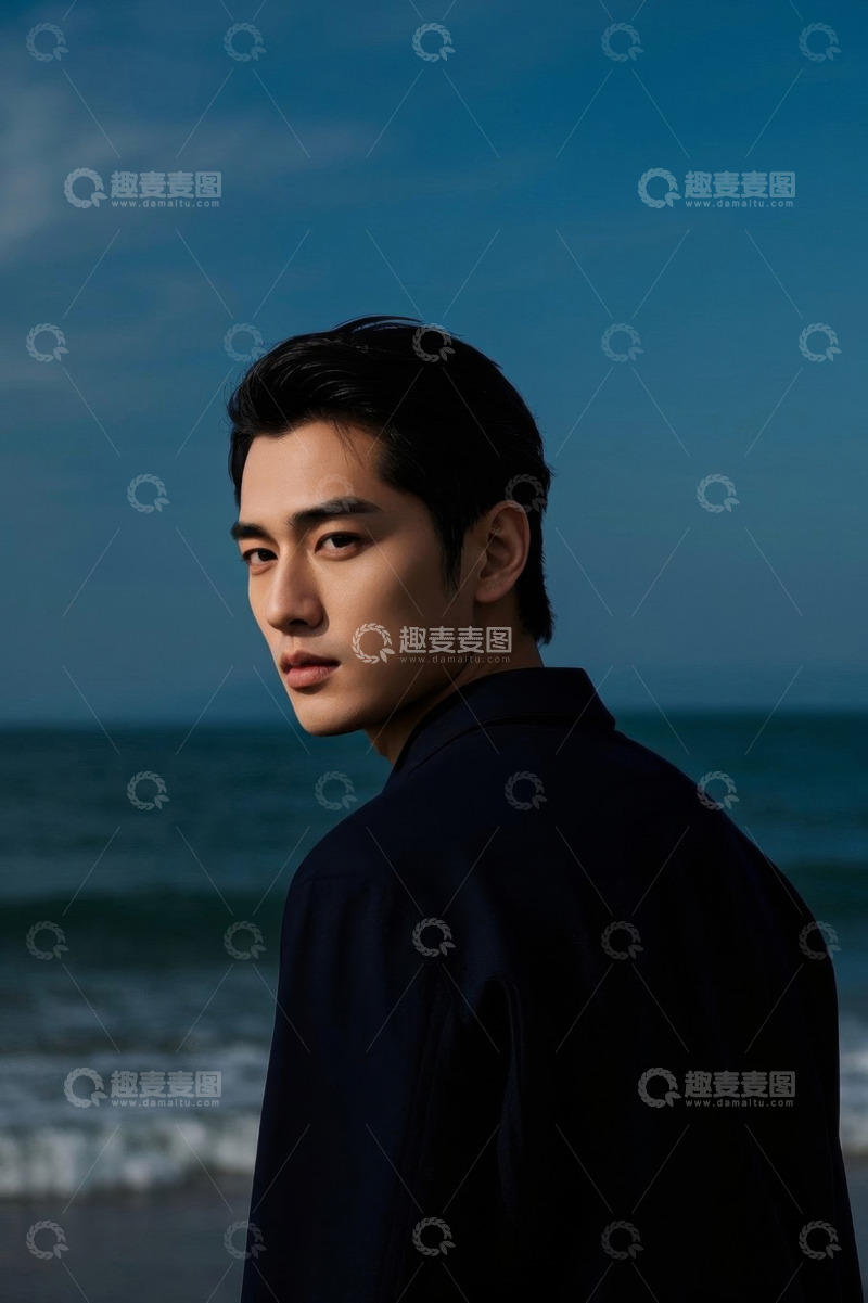 高清大图下载【趣麦麦图】深海蓝背景下俊朗男子侧身照