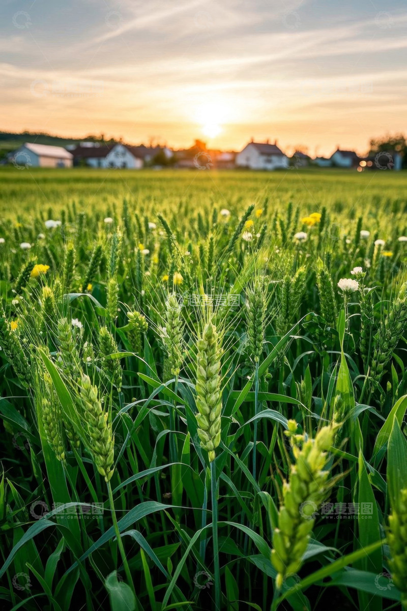 高清大图下载【趣麦麦图】夕阳下的麦田与远处民居