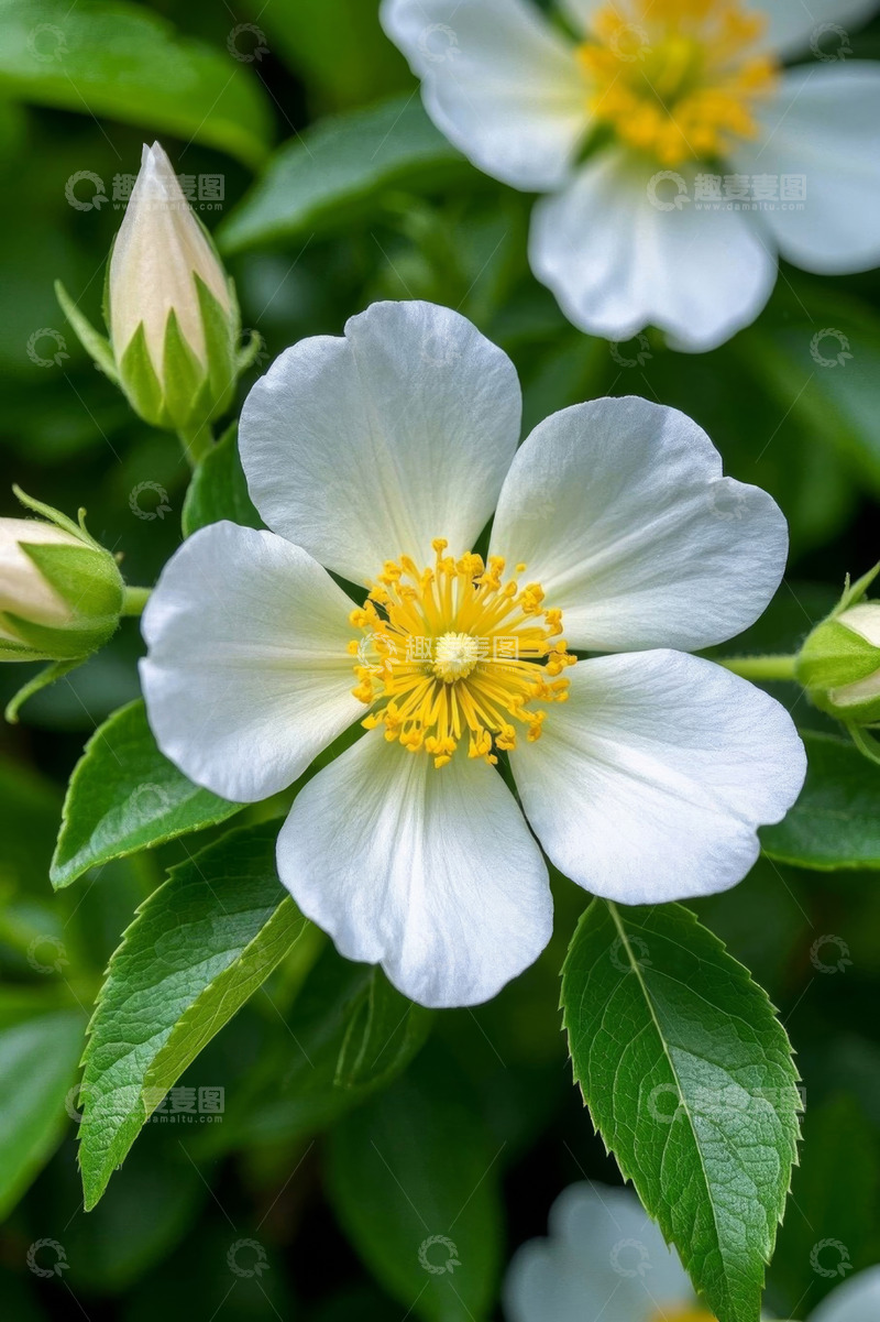 高清大图下载【趣麦麦图】白色花朵与绿叶特写