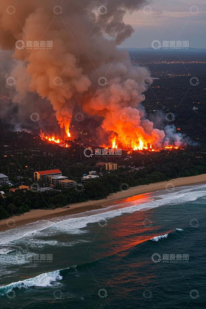 高清大图下载【趣麦麦图】澳大利亚海岸山林火灾航拍景象