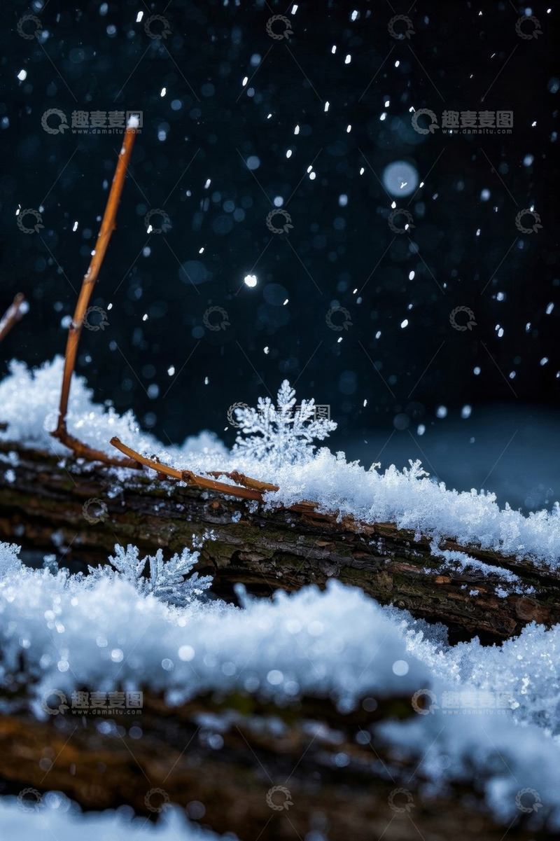 高清大图下载【趣麦麦图】雪中覆雪树枝与雪花特写