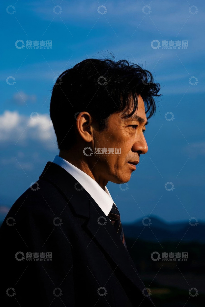 高清大图下载【趣麦麦图】中年男子凝视远方深沉侧影