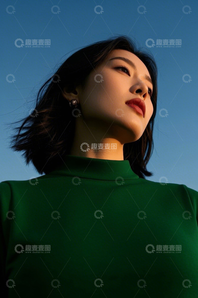 高清大图下载【趣麦麦图】女子仰望天空绿衣时尚