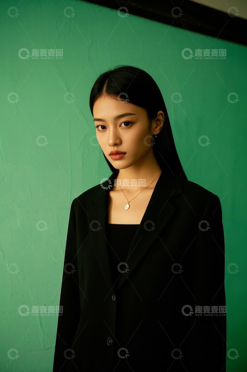 高清大图下载【趣麦麦图】绿墙背景下身穿黑色西装的年轻女子