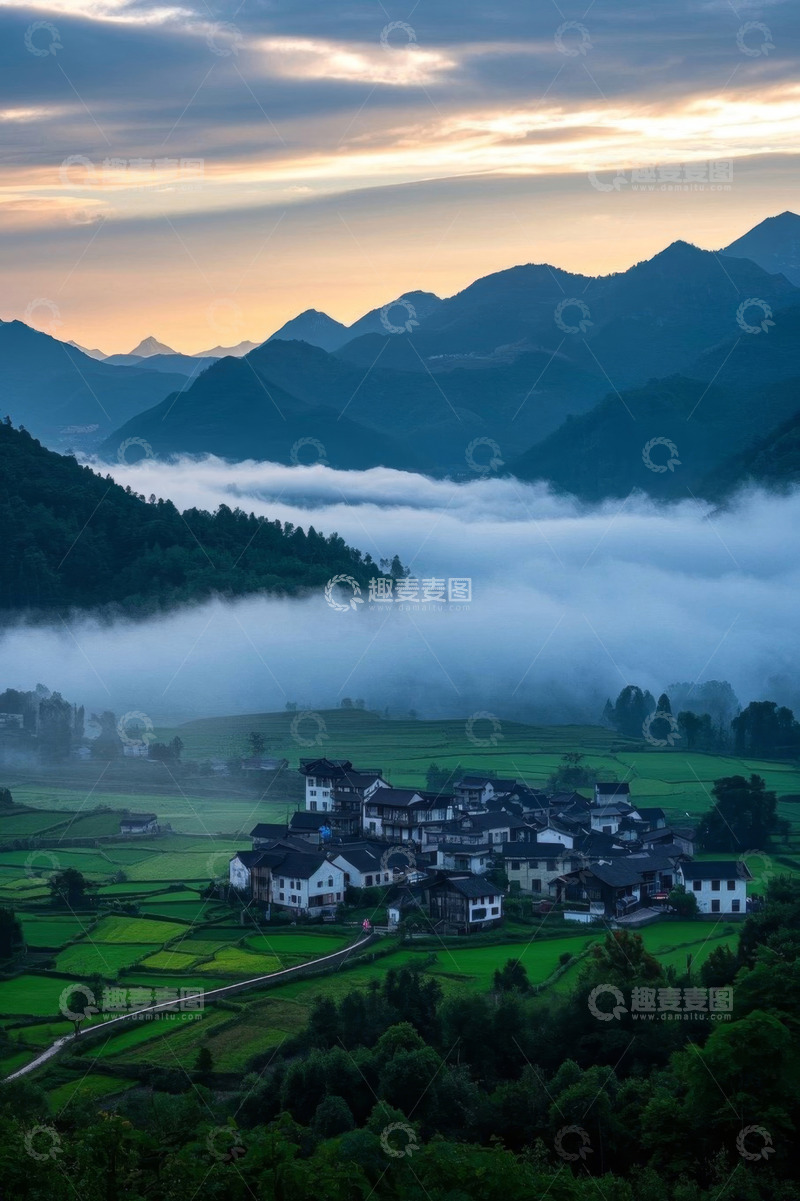高清大图下载【趣麦麦图】山间村落晨景云海风光