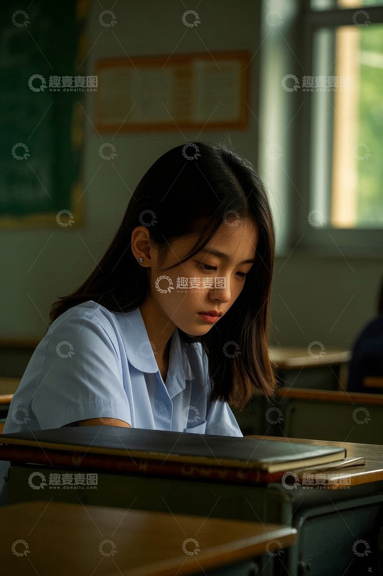 低头沉思的女生教室场景