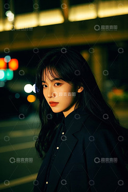 夜晚都市女子侧颜照，眼神迷离