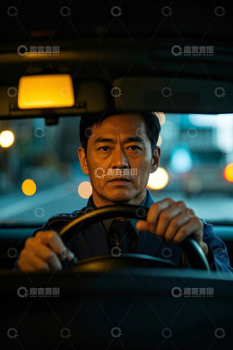 夜色中驾驶的男子特写