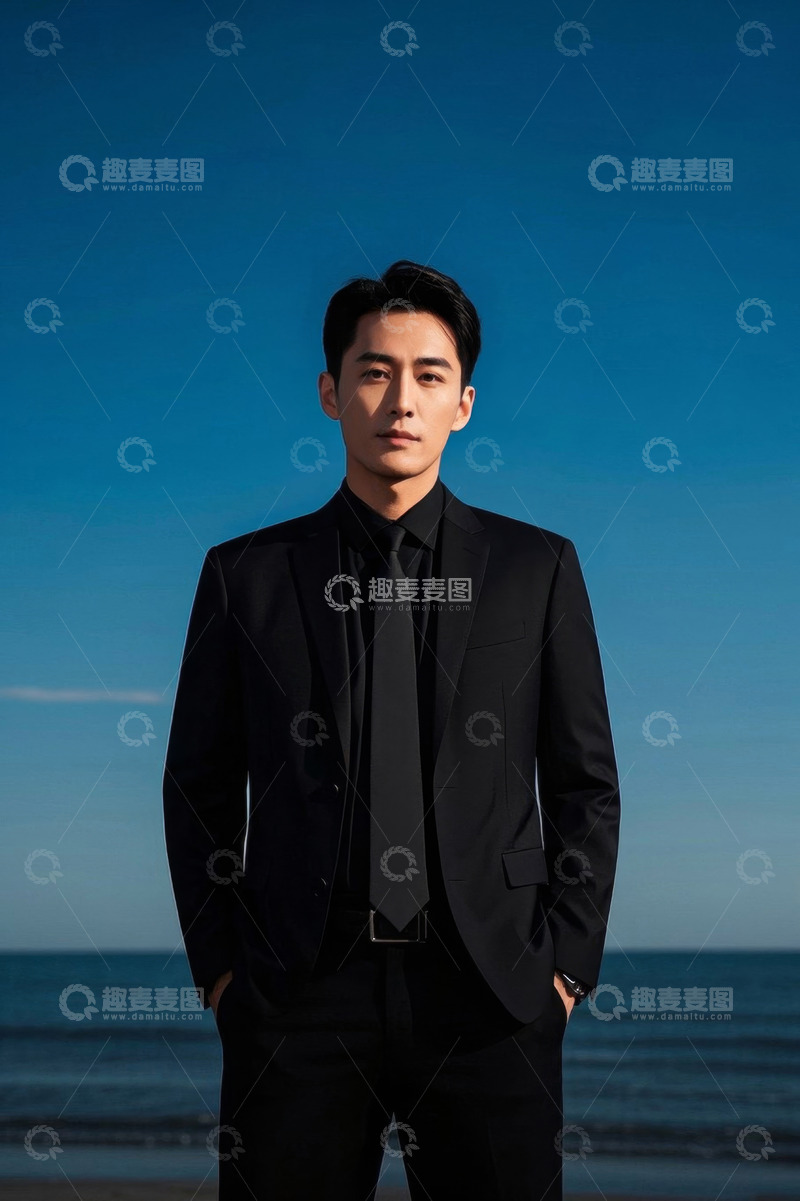 高清大图下载【趣麦麦图】黑衣男子海边凝望深邃眼神