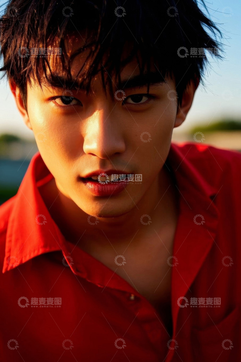 高清大图下载【趣麦麦图】红衣少年侧颜特写阳光帅气