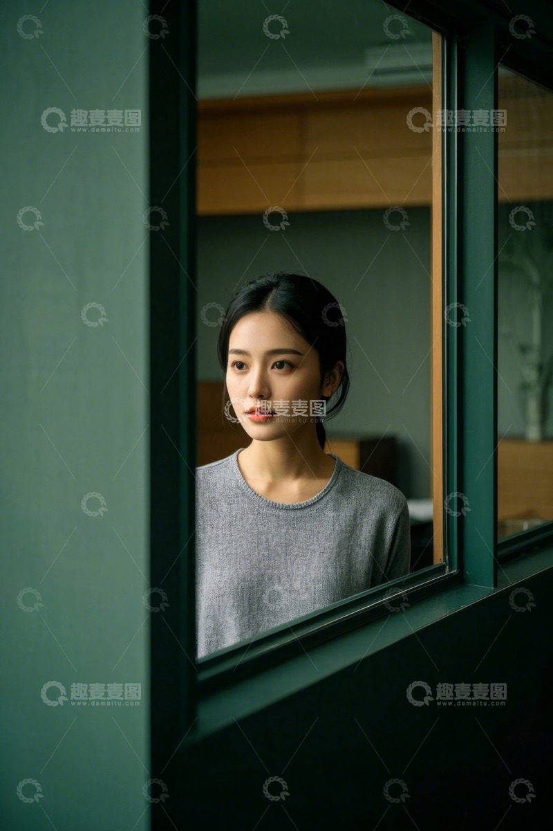 高清大图下载【趣麦麦图】女子凝视窗外景色沉思