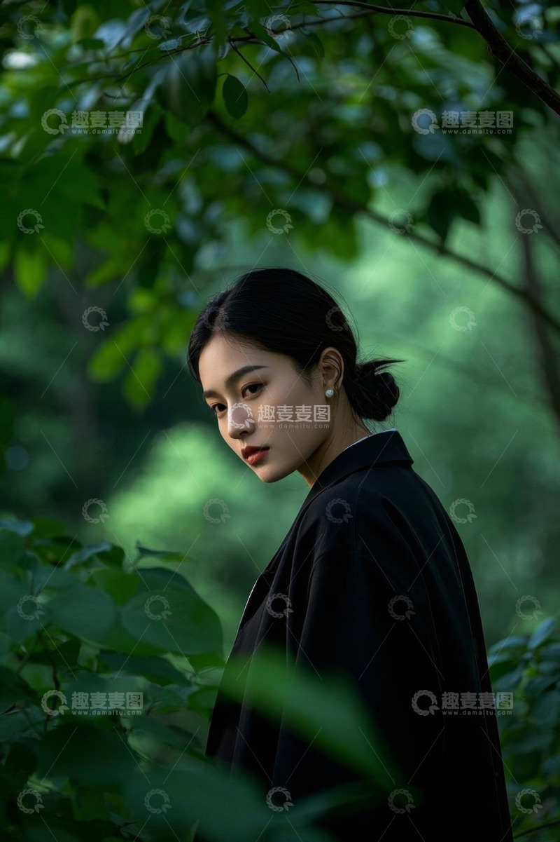 高清大图下载【趣麦麦图】绿叶丛中凝视的女子