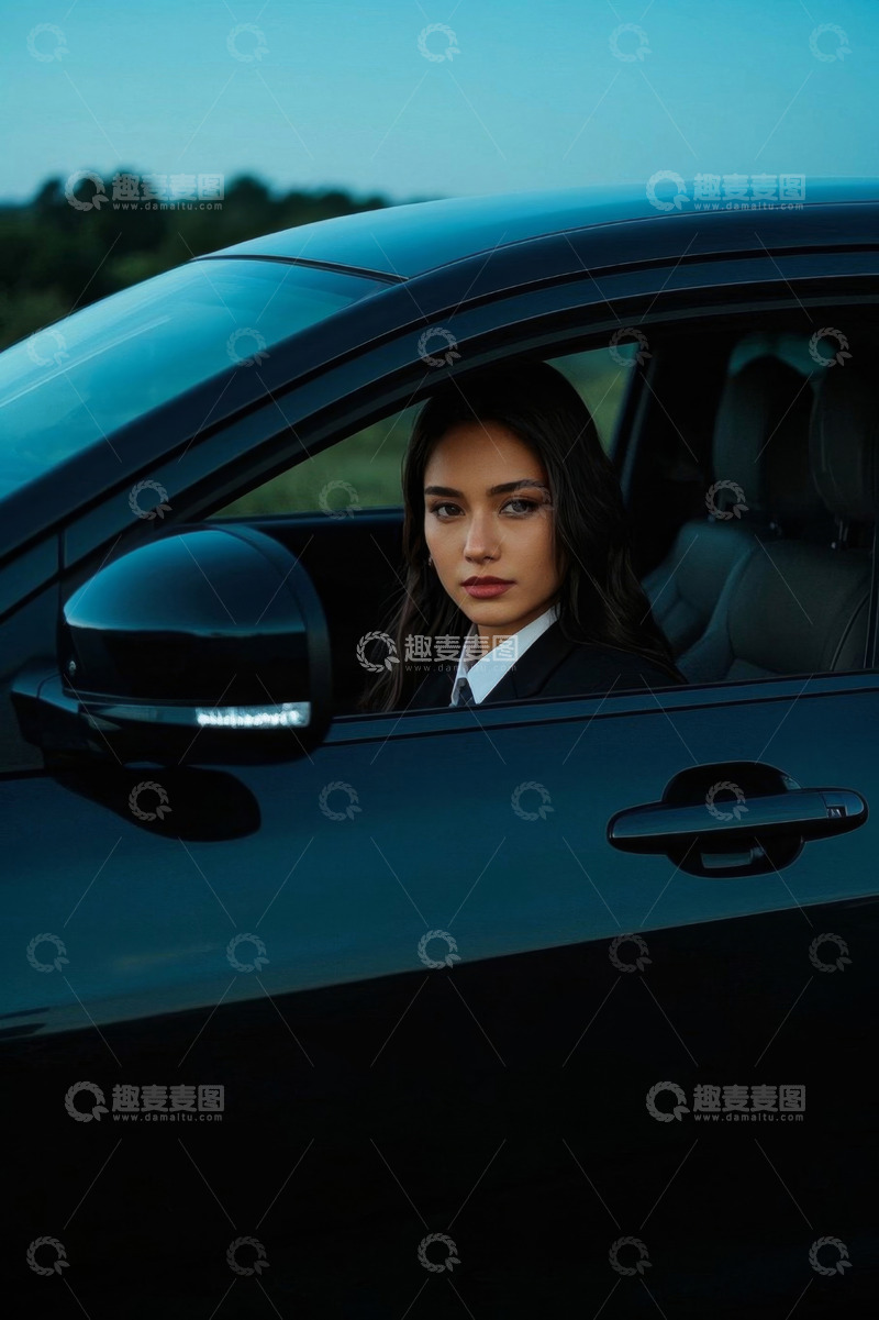 高清大图下载【趣麦麦图】女子坐在黑色轿车内凝视前方