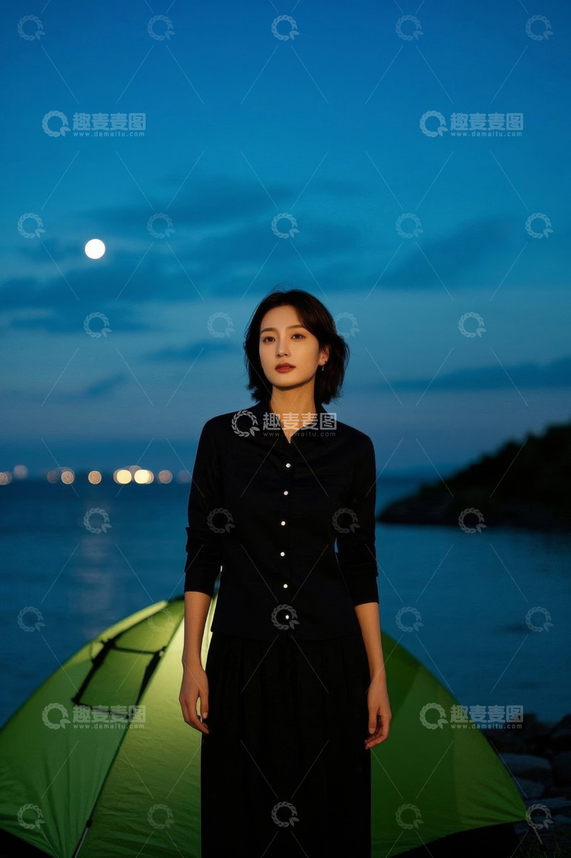 高清大图下载【趣麦麦图】夜幕下湖边露营女子