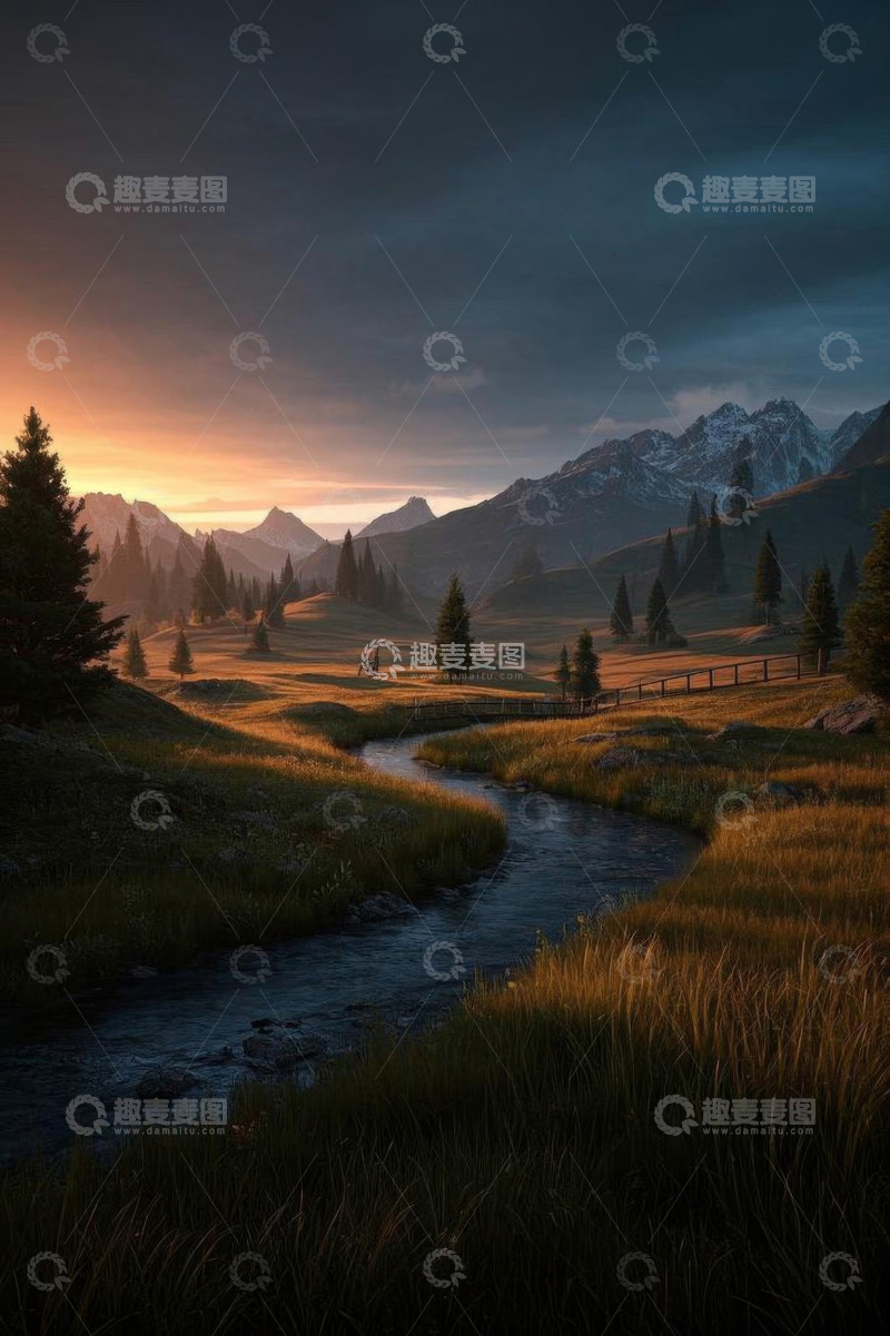 高清大图下载【趣麦麦图】山间溪流日落自然风光