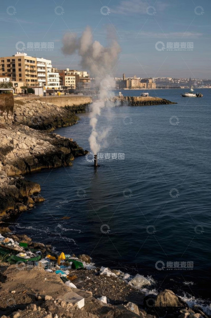 高清大图下载【趣麦麦图】海岸边排污口与垃圾景象