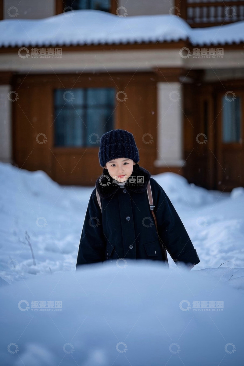 高清大图下载【趣麦麦图】雪地里穿着黑色外套的女孩