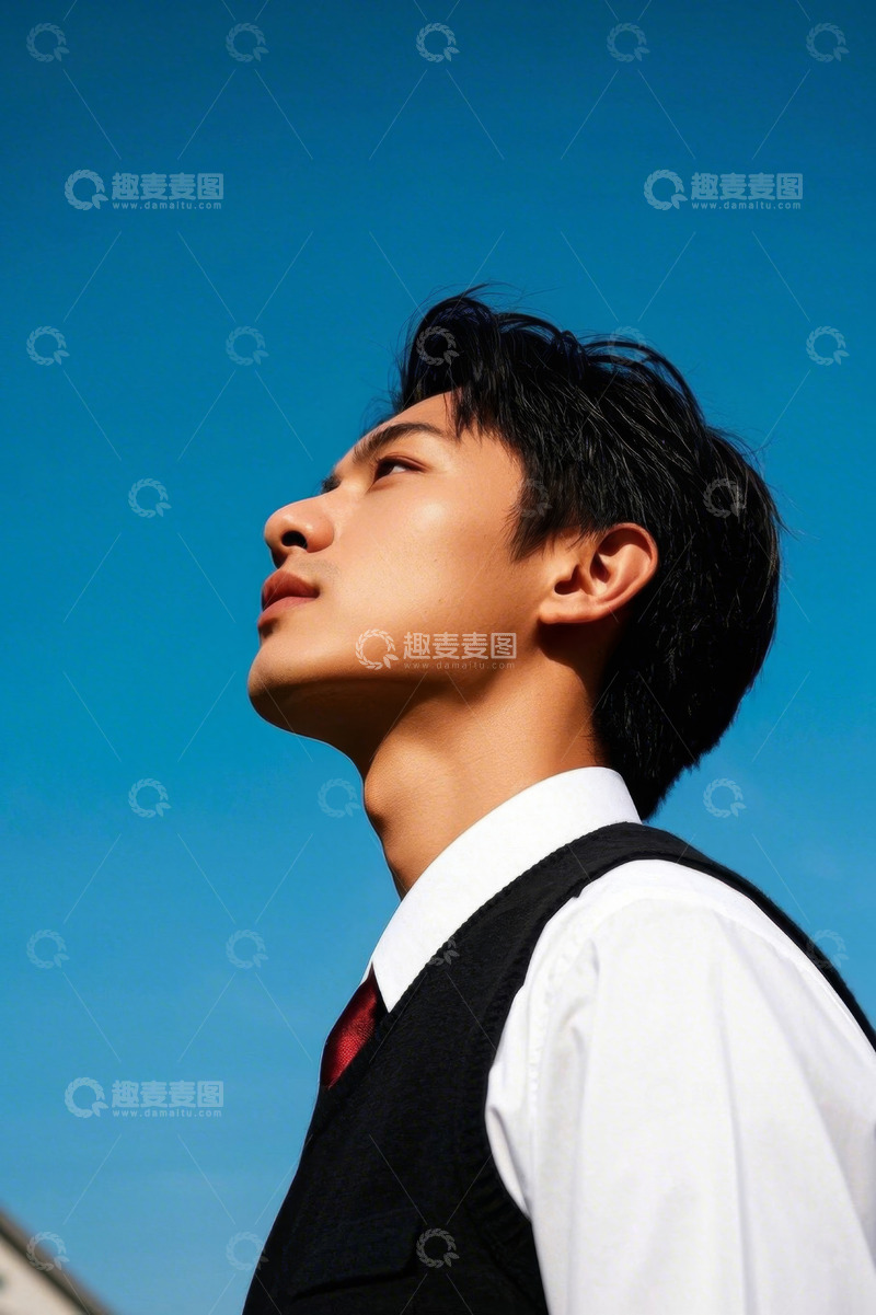 高清大图下载【趣麦麦图】阳光下仰望天空的年轻男子