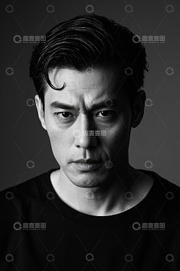 黑白肖像亚洲男子冷峻凝视